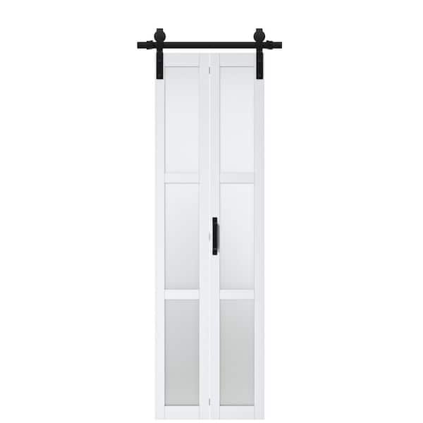 ARK DESIGN 25 in. x 84 in. 3-Lite Tempered Frosted Glass White Finished MDF Glass Bi-Fold Sliding Barn Door with Hardware Kit