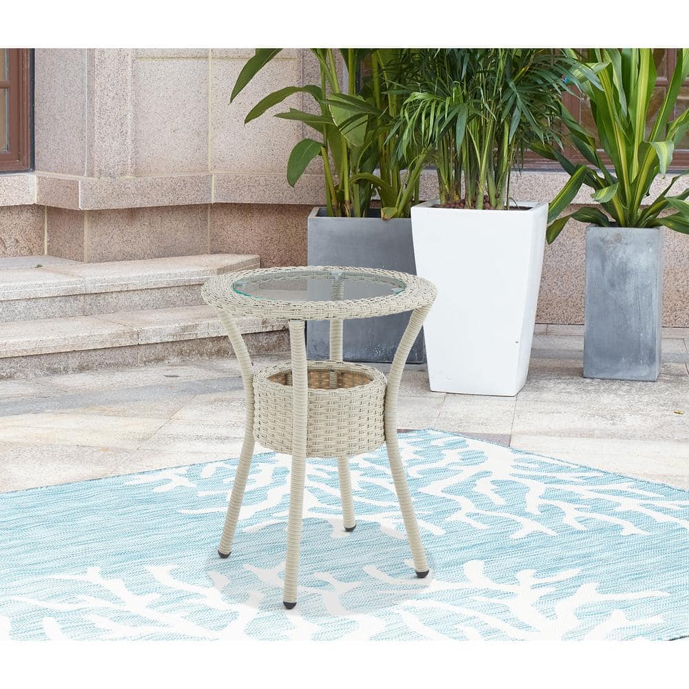 Beige Round Wicker Outdoor Accent Table with Glass Top and Storage