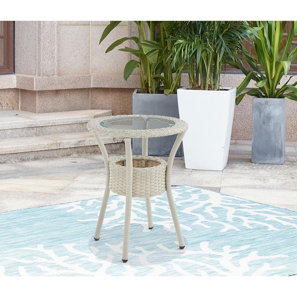 Haven Beige Round All-Weather Wicker Outdoor Side Table with Storage