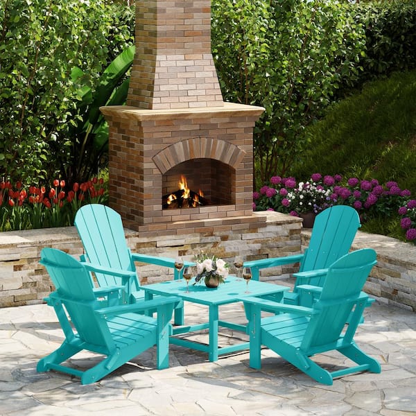 Laguna Turquoise Plastic Weather Resistant Adirondack Chair 5-Piece Outdoor Patio Conversation Set, Square Coffee Table