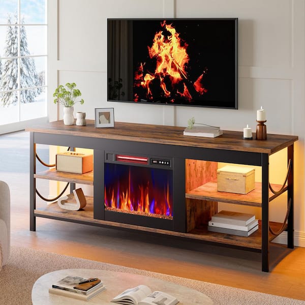 Rustic Brown 55 in. Freestanding Electric Fireplace TV Stand TV Console with Open Storage Shelves Fit TVs up to 65 in.