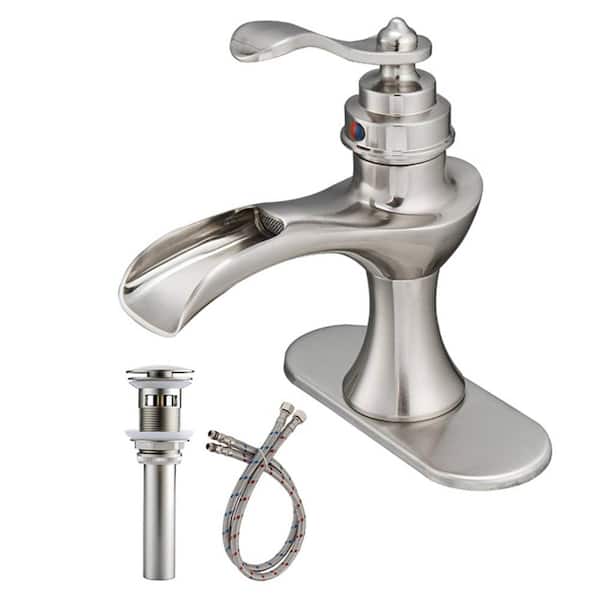 FLG Single-Handle Single-Hole Waterfall Bathroom Sink Faucet with Pop-Up Drain Assembly Kit and Deckplate in Brushed Nickel
