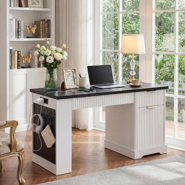 55.1 in. Modern Rectangular White and Black Wood 2-Drawer Writing Desk with Shelves, Pegboard and Power Outlet