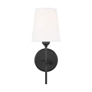 Baker 5.5 in. 1-Light Midnight Black Wall Sconce With White Linen Fabric Shade