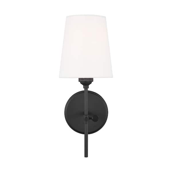 Generation Lighting Baker 5.5 in. 1-Light Midnight Black Wall Sconce With White Linen Fabric Shade