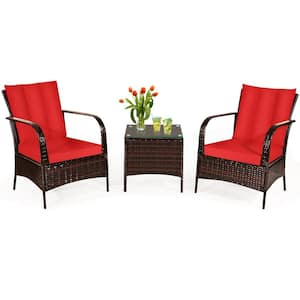 3-Pieces Patio Conversation Rattan Furniture Set with Tempered Glass and Red Cushions