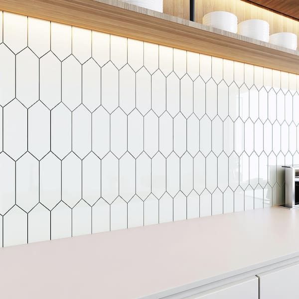 Picket Hexagon Glass Subway 3 in. x 9 in. x 6 mm Wall Tile - White (5 Piece, 5.8 sq. ft.)