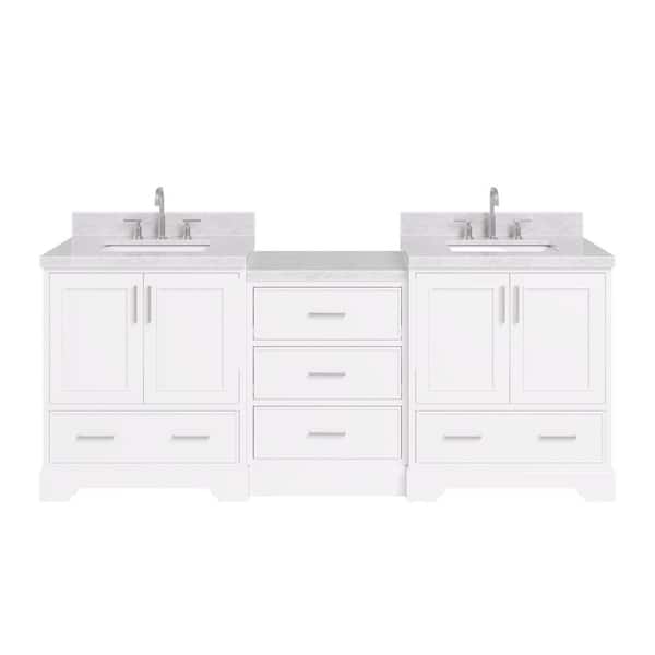 Stafford 85 in. W x 22 in. D x 36 in. H Double Sink Bath Vanity in White with Italian Carrara Marble Top