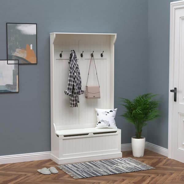 White Hall Tree Storage Bench and Coat Rack with 5 Steel Double Hooks