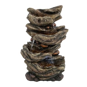 8.9 in. W x 4.9 in. D x 13.8 in. H Indoor 4-Tier Cascading Rustic Brown Resin Tabletop Water Fountain, with LED Light