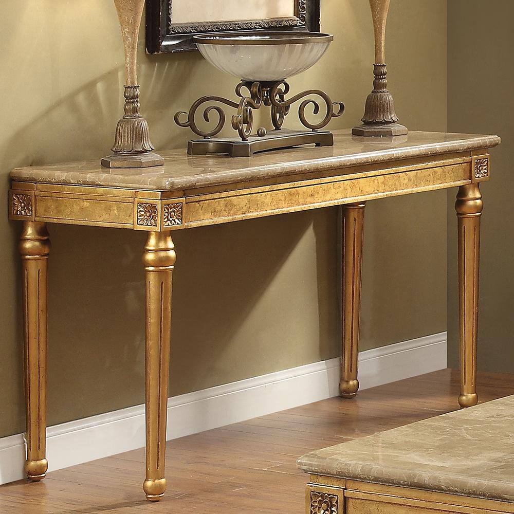 Antique Gold Marble Top Sofa Table with Carved Wood Legs