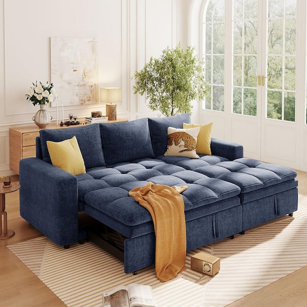 Harper & Bright Designs 82 in. Blue Polyester Twin Size Pull-Out Sofa Bed with Storage Chaise