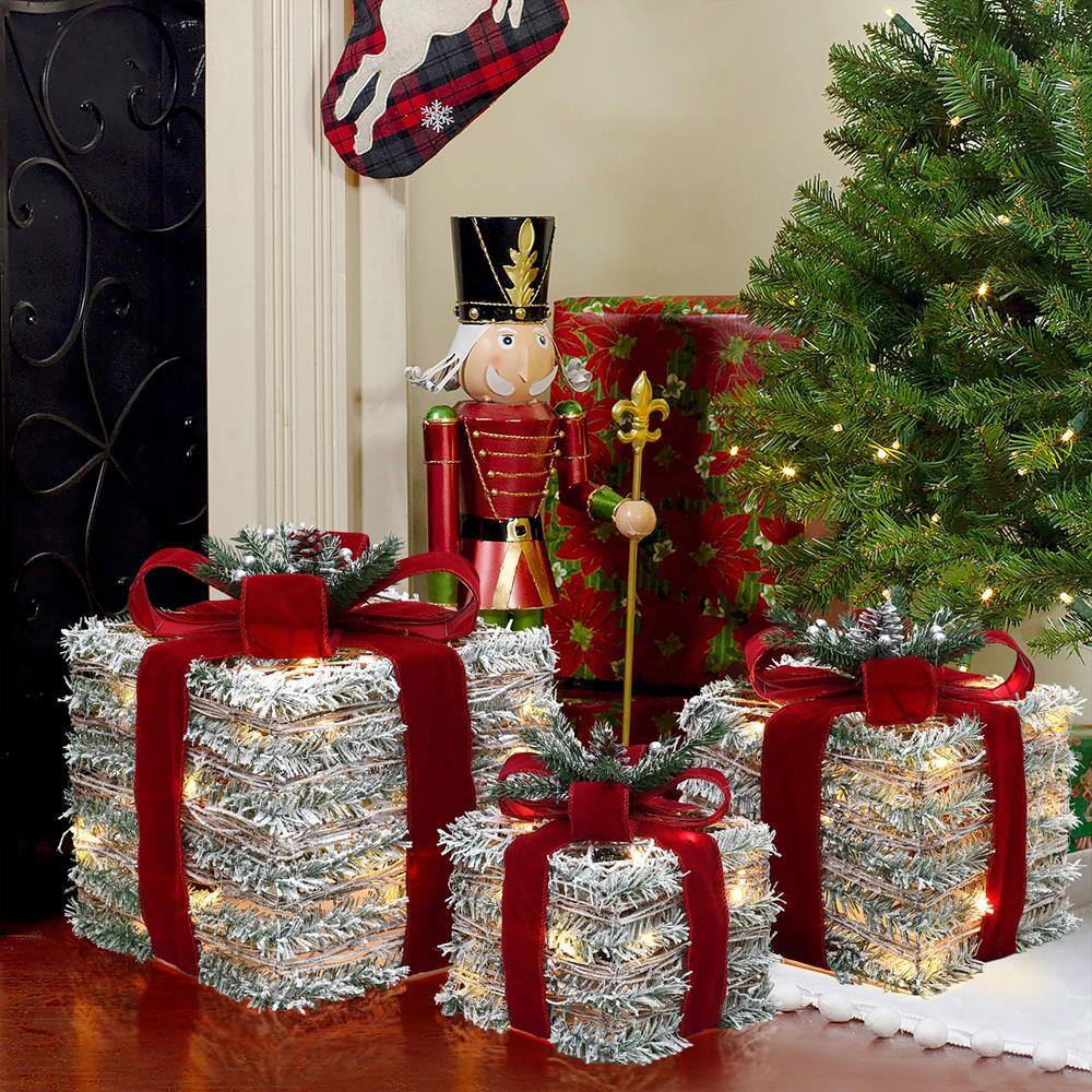 Frosted Faux Cedar Branch Giftbox Set with Lights