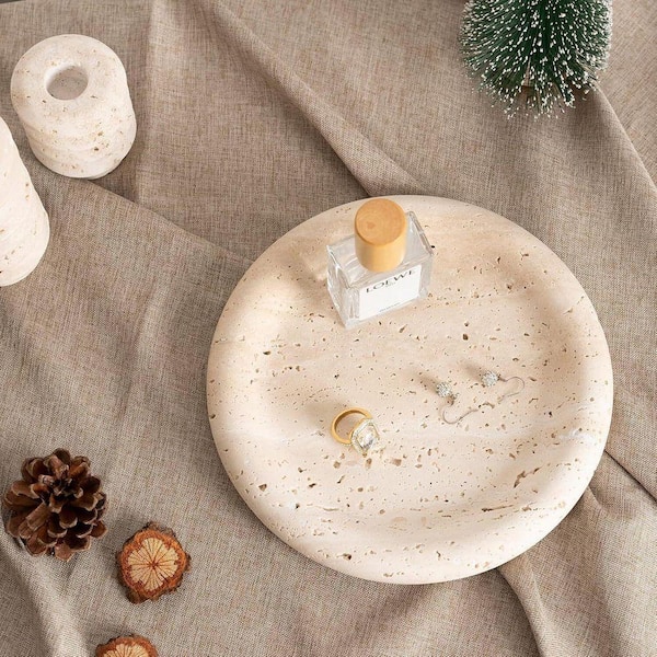 Cream White Marble 8 in. Round Decorative Tray for Countertop
