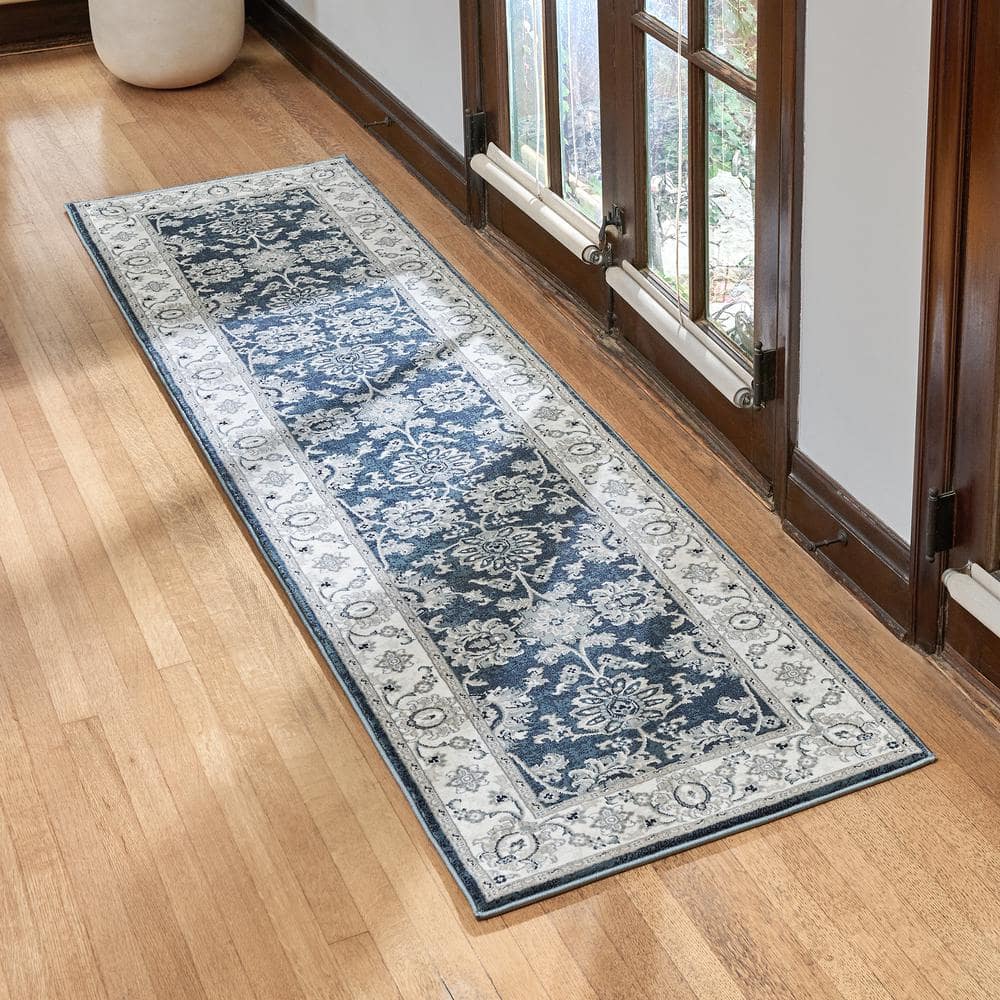 Navy Blue and Ivory Floral Border Runner Rug, 2'2" x 8'