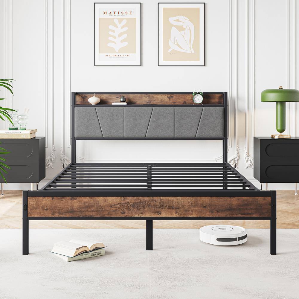 Queen Black Metal Frame Platform Bed with Upholstered Storage Headboard