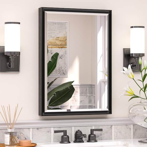 KeonJinn 16 in. W x 24 in. H Rectangular Framed Beveled Edge Wall Bathroom Vanity Mirror in Black