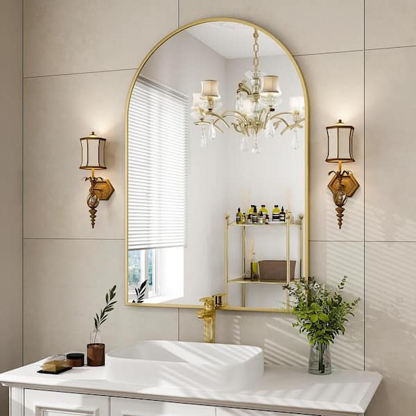 Unbranded 24 in. W x 36 in. H Arched Metal Framed Wall Bathroom Vanity Mirror in Gold