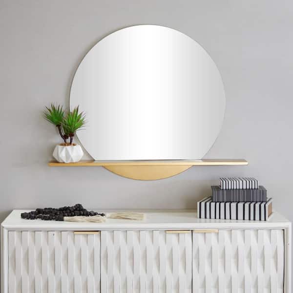 Litton Lane 28 in. x 35 in. 1 Shelf Round Frameless Gold Wall Mirror