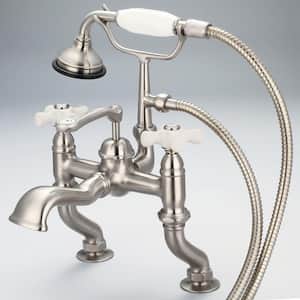 3-Handle Vintage Claw Foot Tub Faucet with Hand Shower and Porcelain Cross Handles in Brushed Nickel