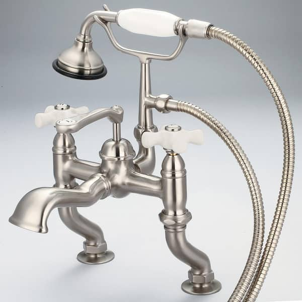 3-Handle Vintage Claw Foot Tub Faucet with Hand Shower and Porcelain Cross Handles in Brushed Nickel