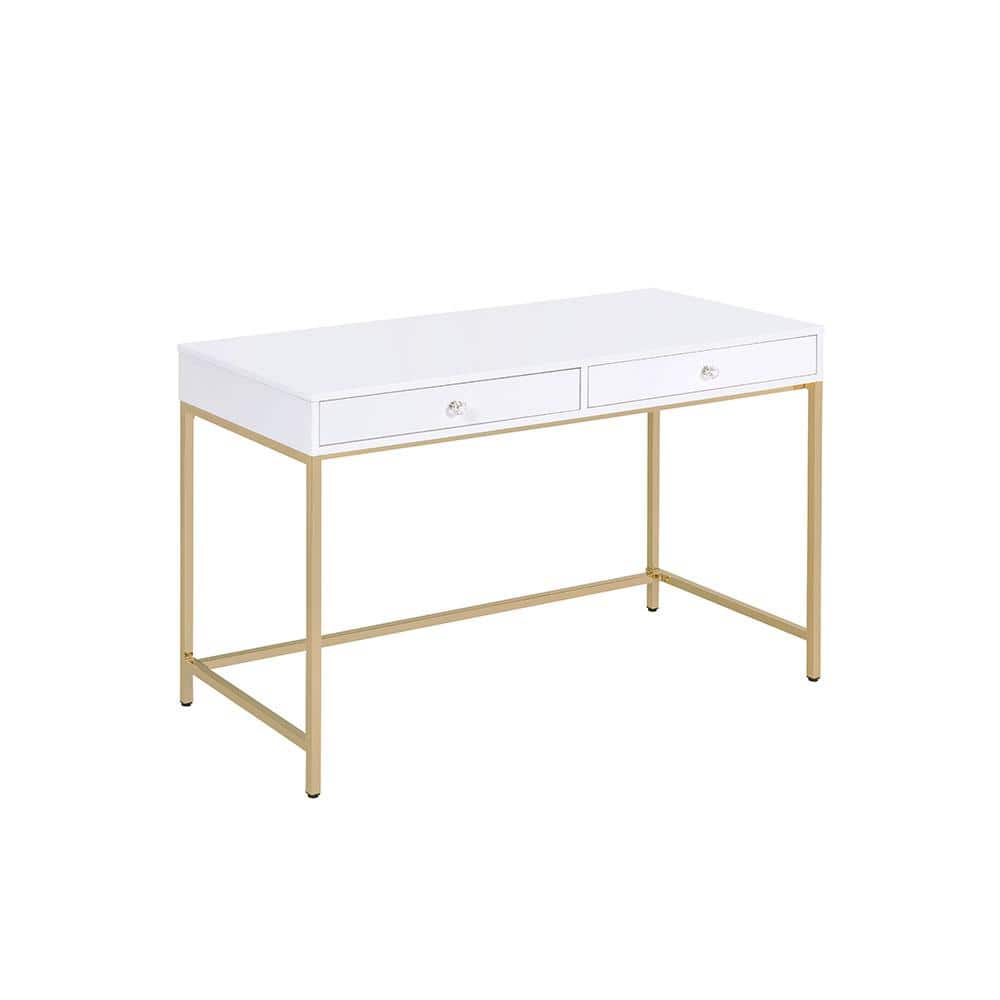 Contemporary White High Gloss 52" Office Desk with Gold Accents