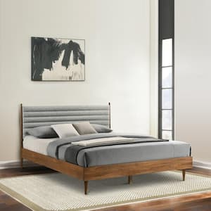 Artemio Walnut Wood Frame King Platform Bed with Upholstered Headboard