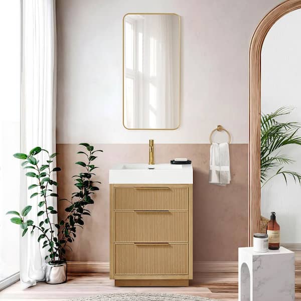Hohhot 24 in. W x 19.7 in. D x 33.8 in. H Single Bath Vanity in Washed Ash Grey with White Engineered Stone Top