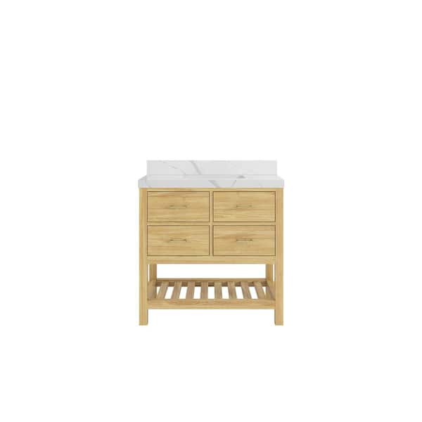 Willow Collections Parker Teak 36 in. Single Sink Freestanding Light Natural Bath Vanity with Calacatta Laza Qt. Top Unassembled