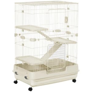 4-Level Small Animal Cage with Universal Lockable Wheels, Slide-out Tray White-32 in. L