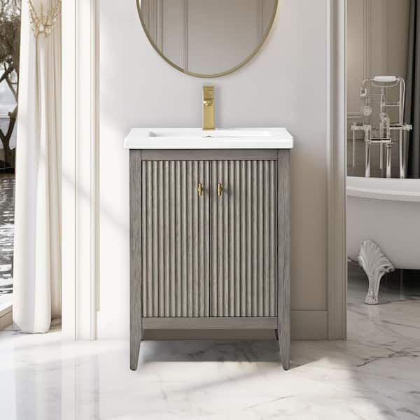 Vanity Art 24 in. W x 18.5 in D x 34 in. H Single Sink Bath Vanity Cabinet in Linear Driftwood Gray with Ceramic Top