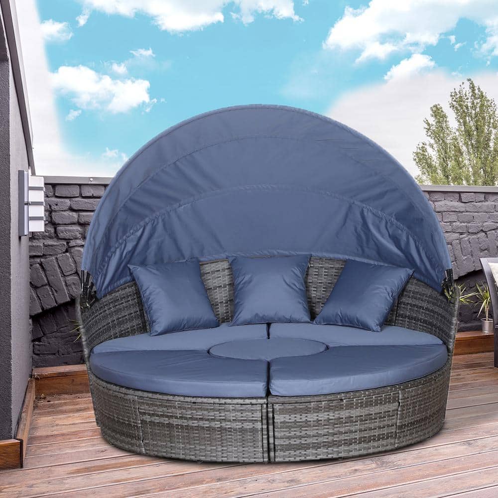 Gray and Blue Cushioned Rattan Wicker Outdoor Daybed with Canopy