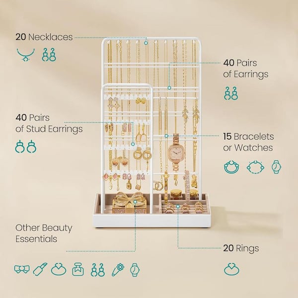Matte White 9.5 in. x 14 in. Metal Modern Jewelry Organizer Stand