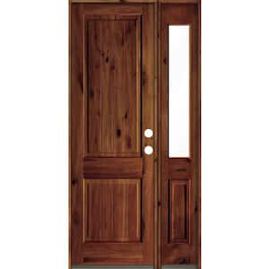 44 in. x 96 in. Knotty Alder Square Top Left-Hand/Inswing Clear Glass Red Chestnut Stain Wood Prehung Front Door w/RHSL