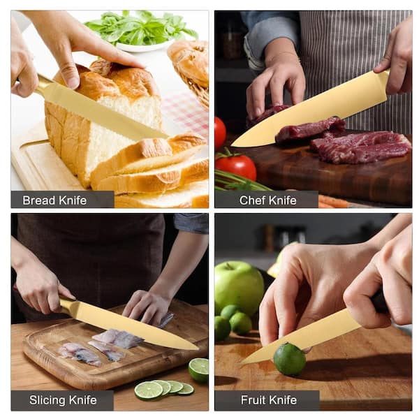 8-Piece Gold Titanium-Coated Stainless Steel Knife Block Set with
