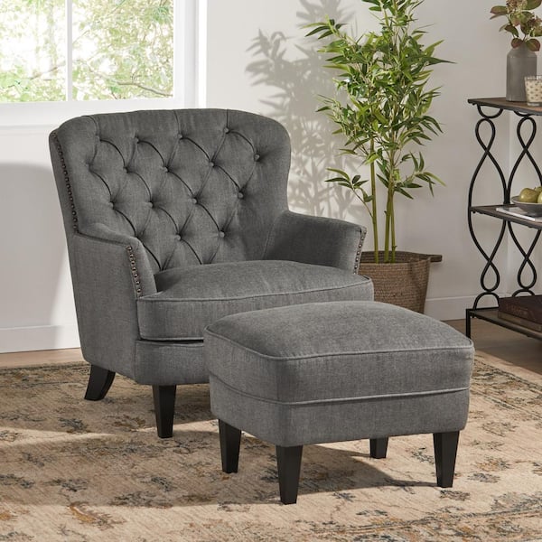 Noble House Tafton Grey Fabric Tufted, Club Chair And Ottoman Set