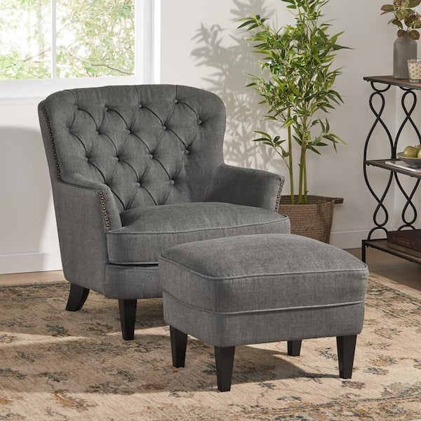 Rectangle Dark Gray Fabric Upholstered Tufted Club Chair and Ottoman Set