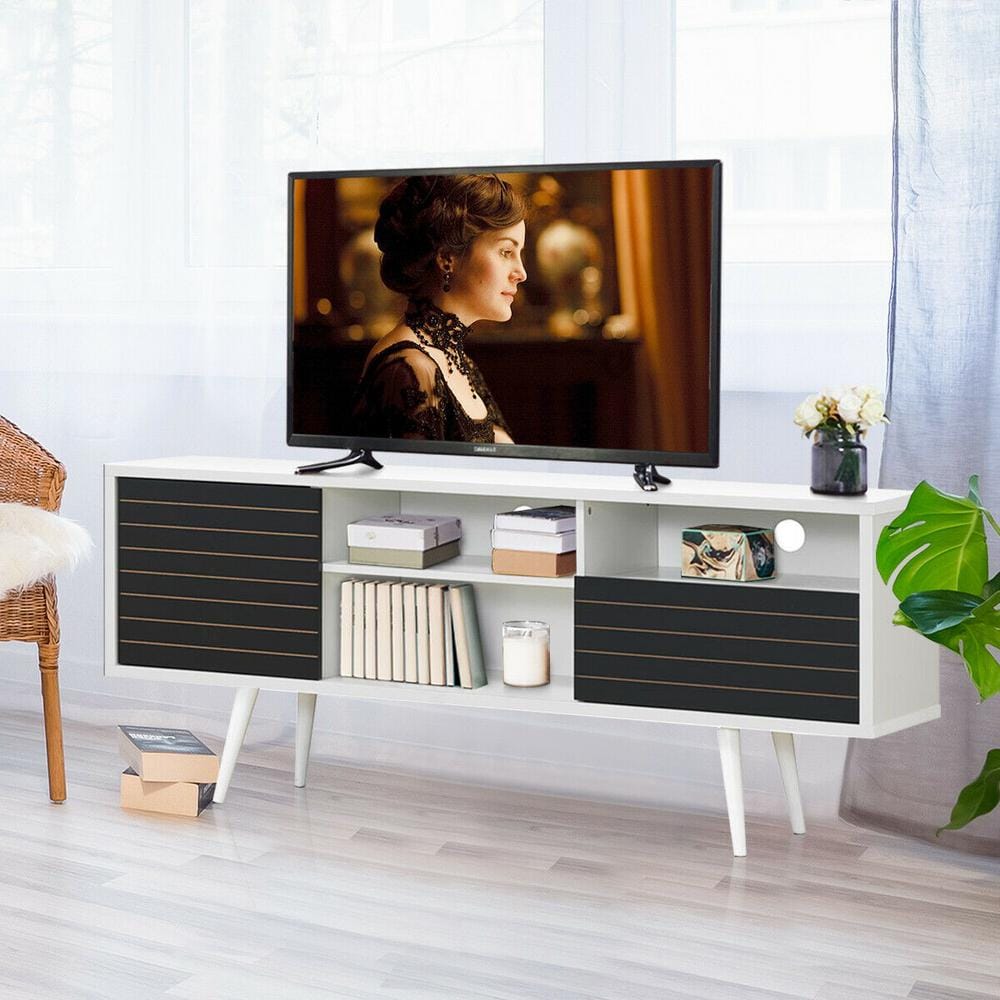 Modern Black and White MDF TV Stand with Cabinet and Shelves