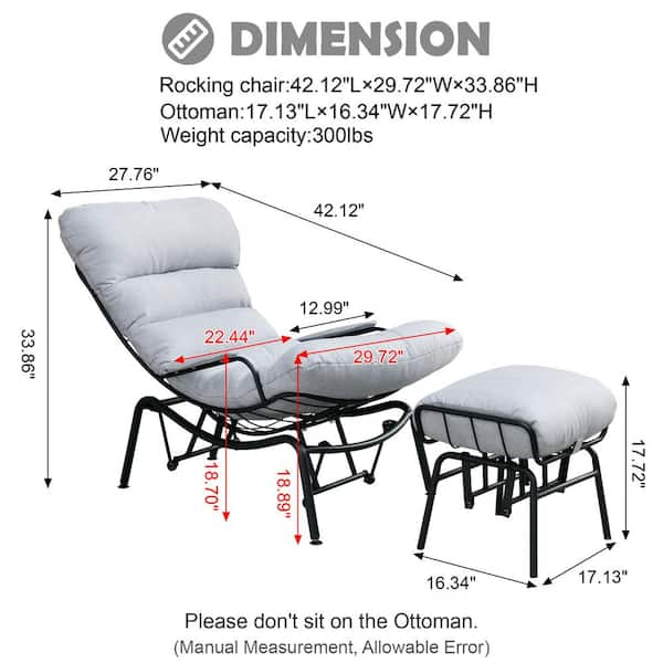 HOOOWOOO Mono Metal Patio Lounge Outdoor Rocking Chair with An Ottoman and Black Cushions