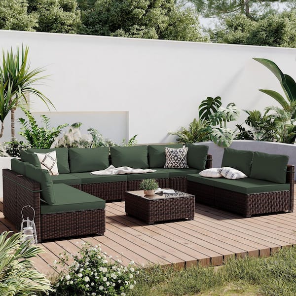 PATIO WATCHER 9-Piece Wicker Patio Conversation Seating Set with Pine Green Cushions and Coffee Table