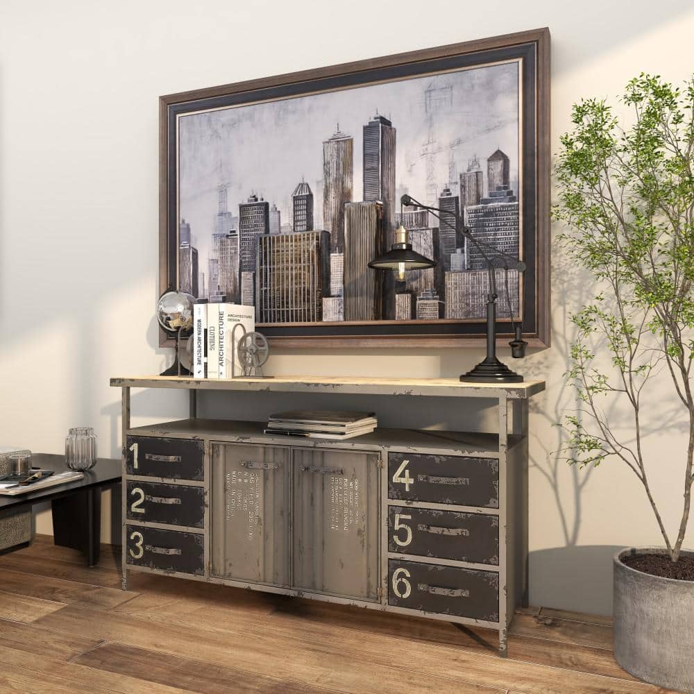 Gray Metal and Wood Industrial Sideboard with Numbered Drawers