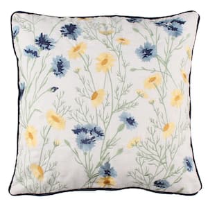Linnea Blue and Yellow Floral Embroidered 18 in. x 18 in. Throw Pillow