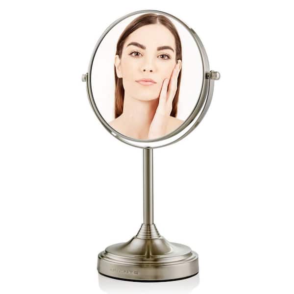 OVENTE Small Round Tabletop Nickel Brushed Makeup Mirror (13.3 in. H x 5.3 in. W), 1x-7x Magnification
