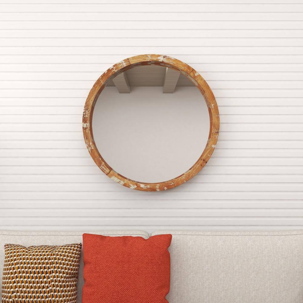 Vintage Round Brown Wood Wall Mirror