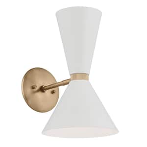 Phix 13.5 in. 2-Light Champagne Bronze with White Living Room Wall Sconce Light