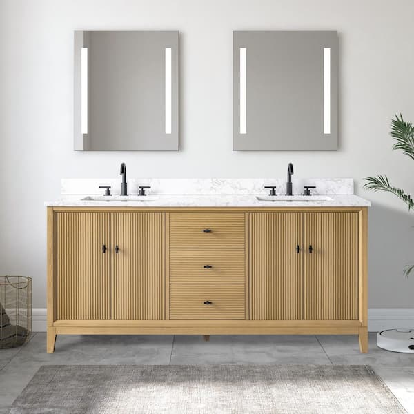 Vanity Art 72 in. W x 22 in. D Double Sink Freestanding Natural Oak Bath Vanity Cabinet with ...