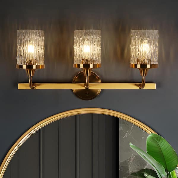 LNC Modern 22.8 in. 3-Light Plating Brass Cylinder Vanity Light with Clear Ripple Glass Shades for Bathroom Powder Room