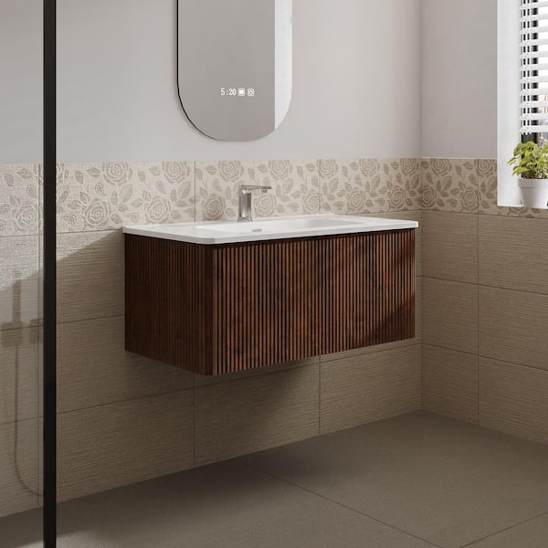 Aaby 36 in. W x 18 in. D x 15 in . H Wall Mounted Floating Bath Vanity Cabinet in Brown with White Ceramic Top and Sink
