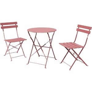 3-Piece Steel Frame Round Table Patio Outdoor Bistro Dining Set, Foldable Patio Table and Chairs Furniture, Lotus Pink