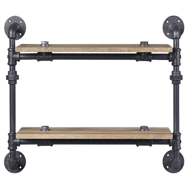 Hot Seller Oak and Sandy Black Rectangle Wood and Metal 28.5 in. Decorative 2-Tier Wall Shelf (1 Pack)